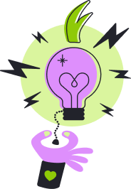 Illustration of a dark pink hand reaching to turn on a dark pink light bulb on a light green background. The light bulb vaguely resembles an onion with greens coming out of the top. There are playful bolts coming out of the bulb, and a green heart on the sleeve of the shirt.
